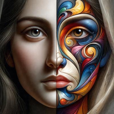The primary subject of the image is a painting of a woman's face, which is divided into two distinct sections. The setting is a painting, and the visual style is artistic, with a focus on the intricate details of the woman's face. The colors and mood of the painting are vibrant and lively, with a mix of bright and bold colors that create a sense of energy and liveliness.